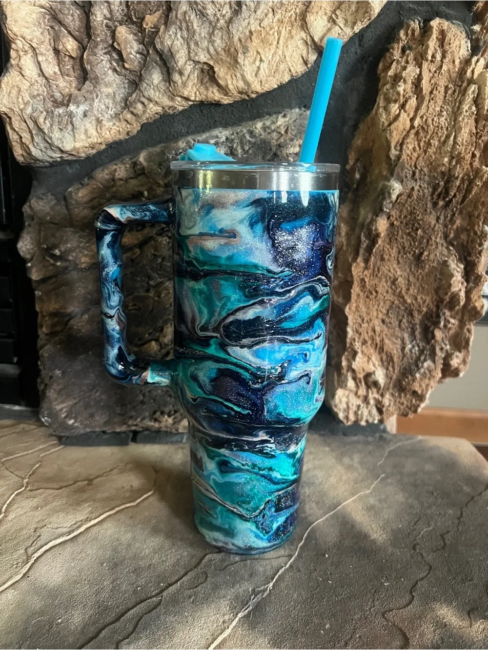 Blue Teal Marble Stainless Tumbler with Handle - Picture 3 of 5